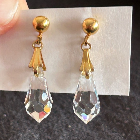 Vintage Faceted Crystal Pendulum Pierced Earrings with Gold Accents Dangle Drop - Picture 4 of 8